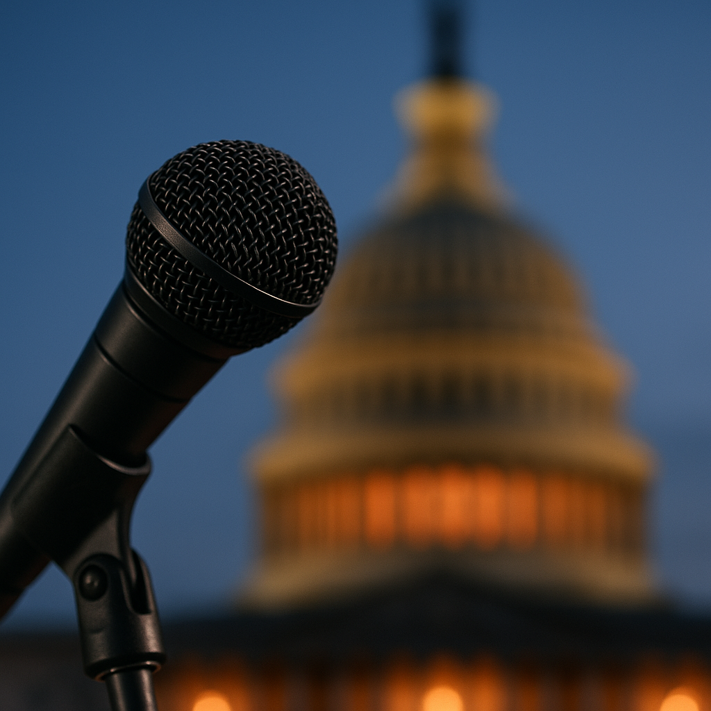 A symbolic image showing political satire, such as an actor holding a microphone with blurred Capitol dome in the background