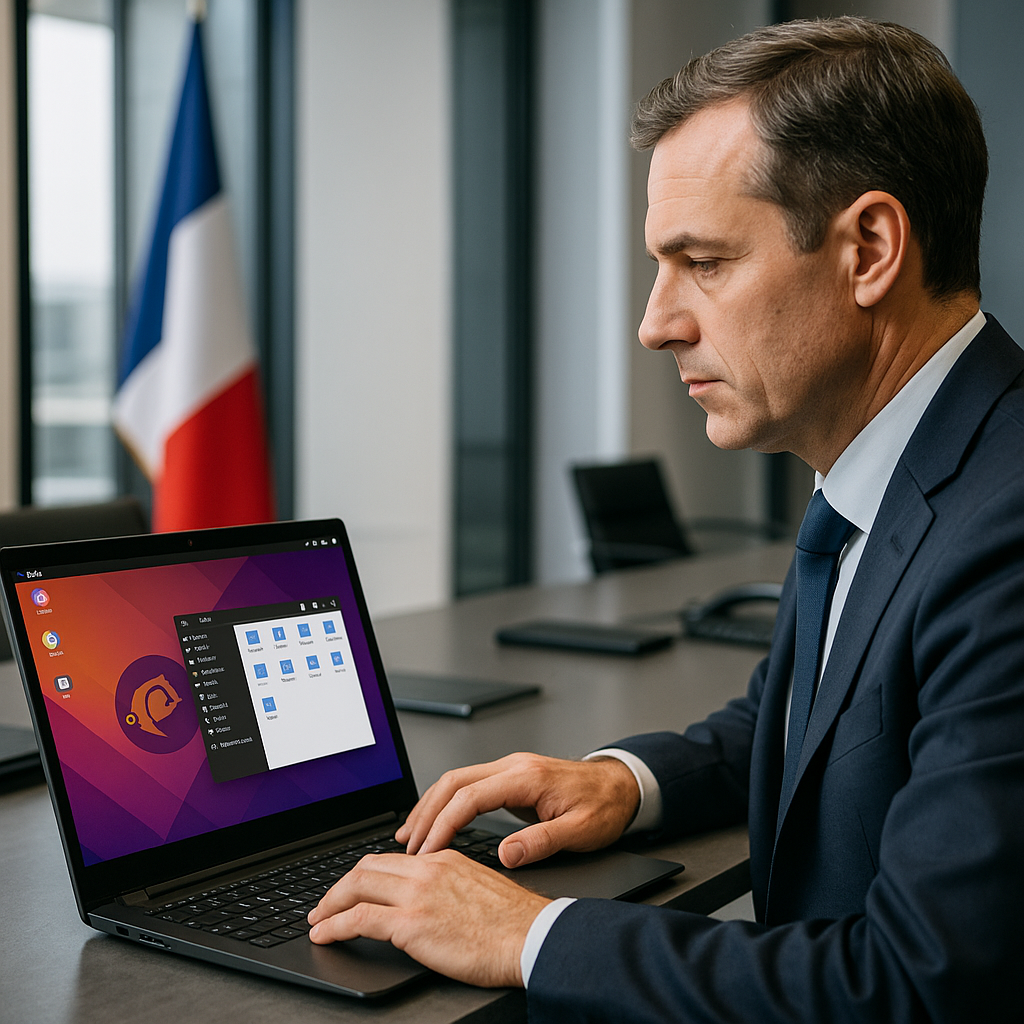 A government official working on a laptop with Linux OS interface in a modern office setting