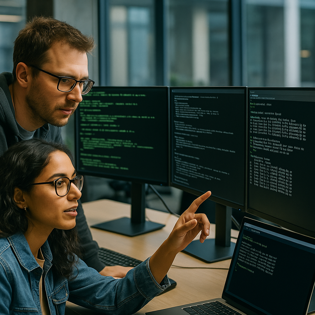 A programmer reviewing open-source code with Linux terminal on-screen in a collaborative workspace