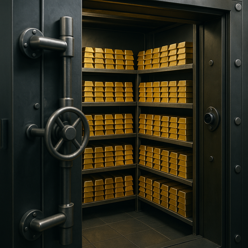 A vault filled with gleaming gold bars, symbolizing national reserves