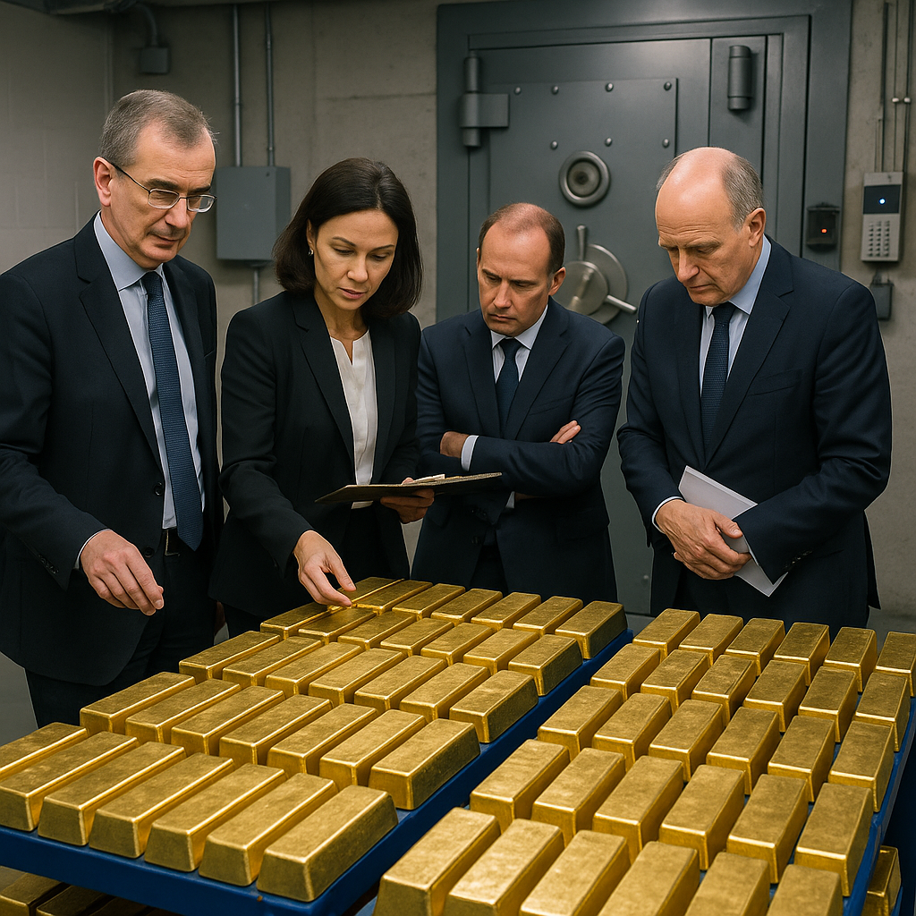 Central bank officials inspecting gold bars in a secure Paris vault