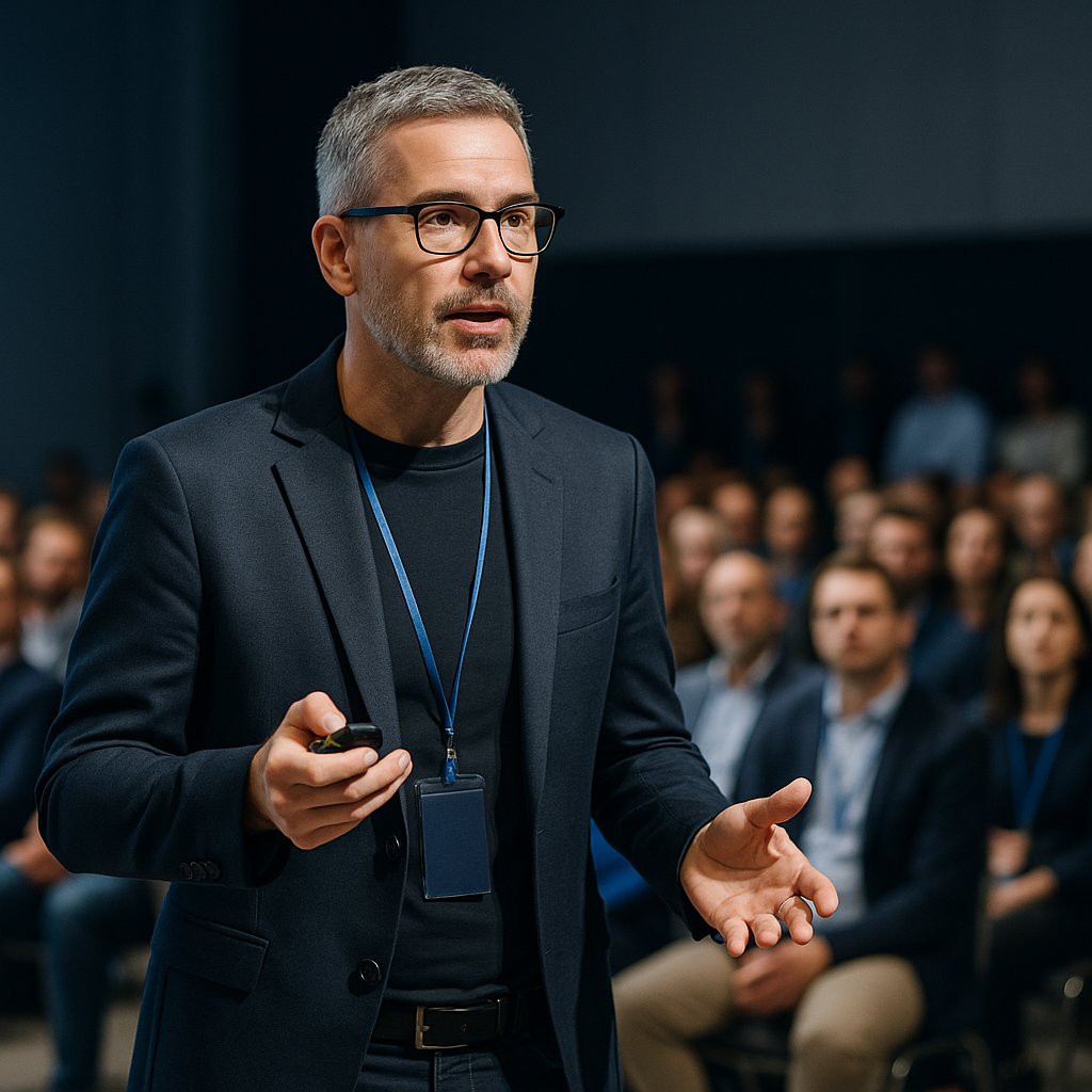 Gabe Newell at a tech conference, speaking to an audience