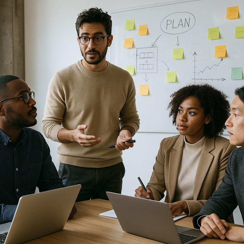 A brainstorming session at a tech company, with diverse team members engaged in discussion