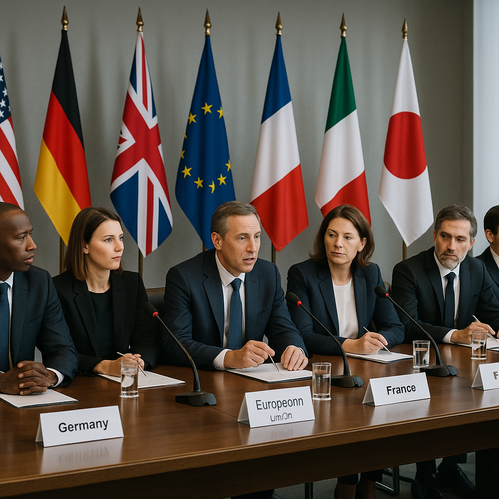 A diplomatic conference table with diverse flags and nameplates