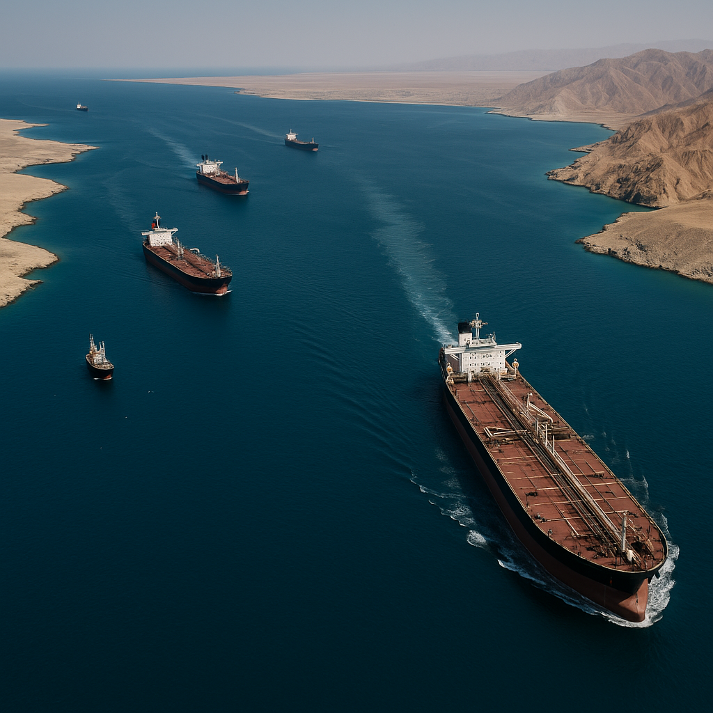 Aerial view of oil tankers navigating the Strait of Hormuz