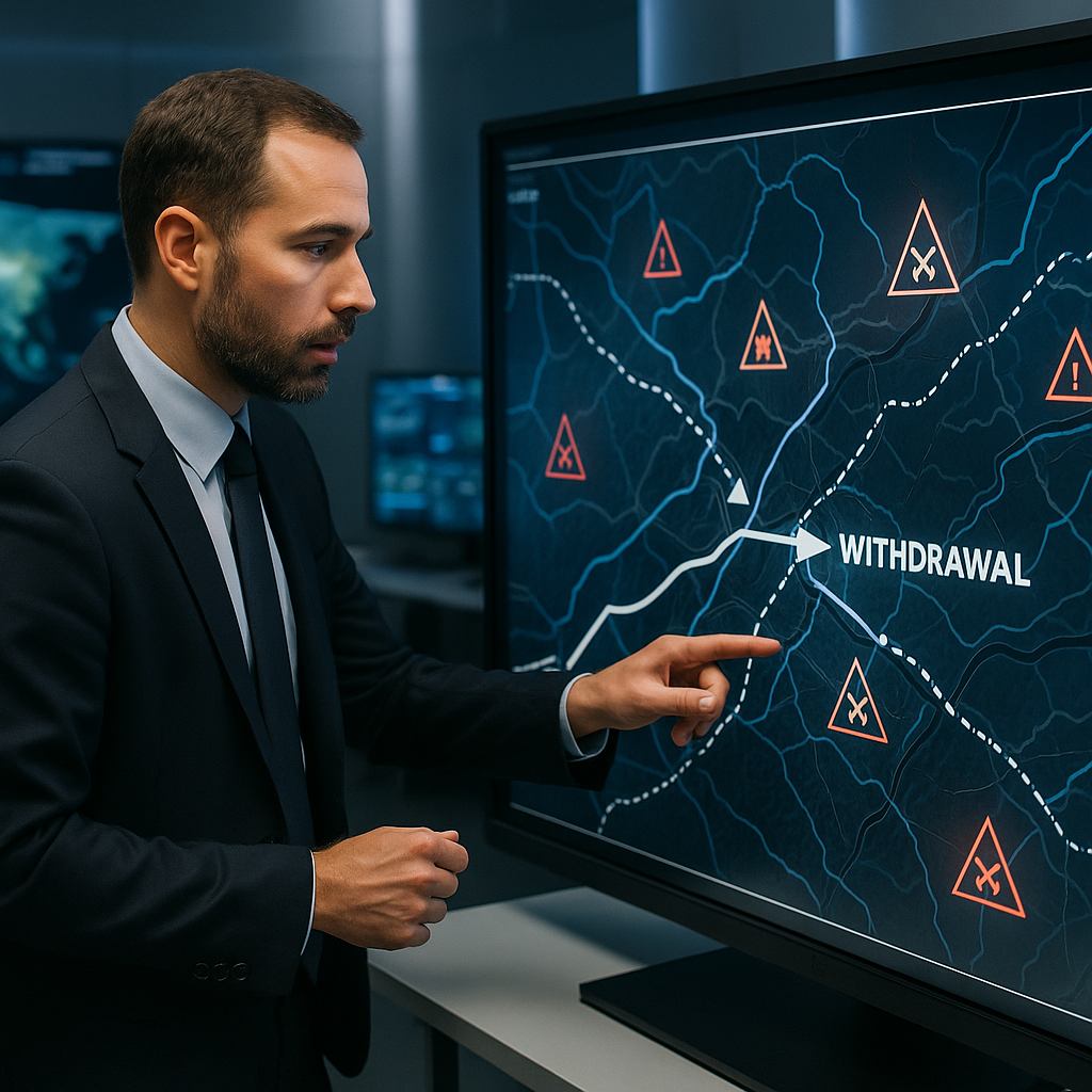 An analyst explaining military withdrawal strategies on a touchscreen