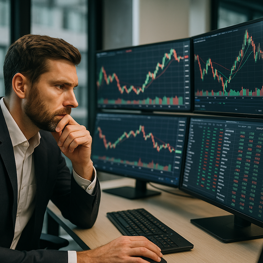A trader analyzing stock charts on multiple monitors