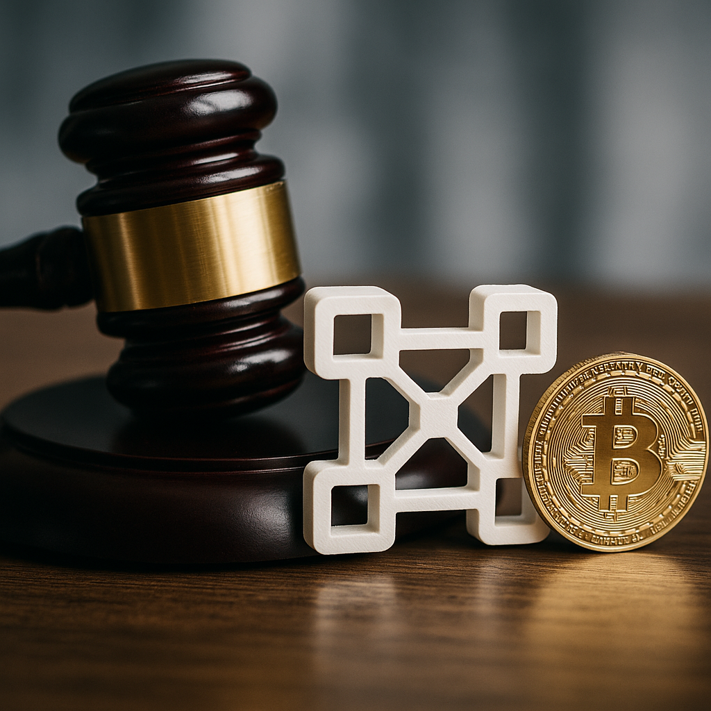 A financial regulator addressing cryptocurrency policies or symbolic imagery of gavel and blockchain visuals