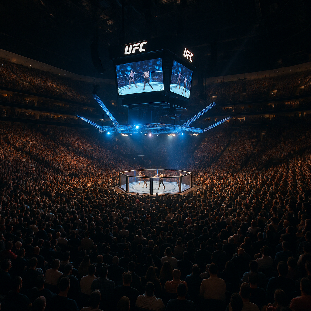 A UFC event with a packed crowd and high-energy atmosphere