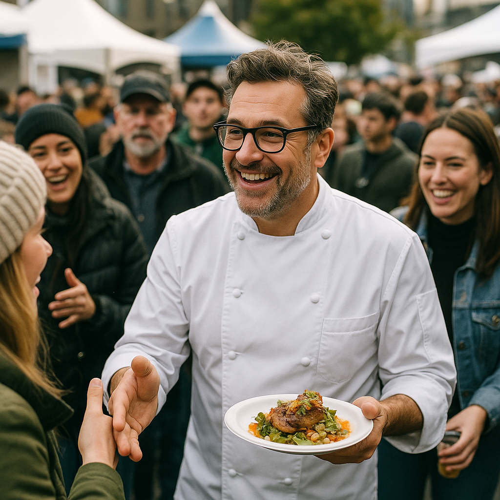 Guy Fieri at a food festival, smiling and engaging with fans