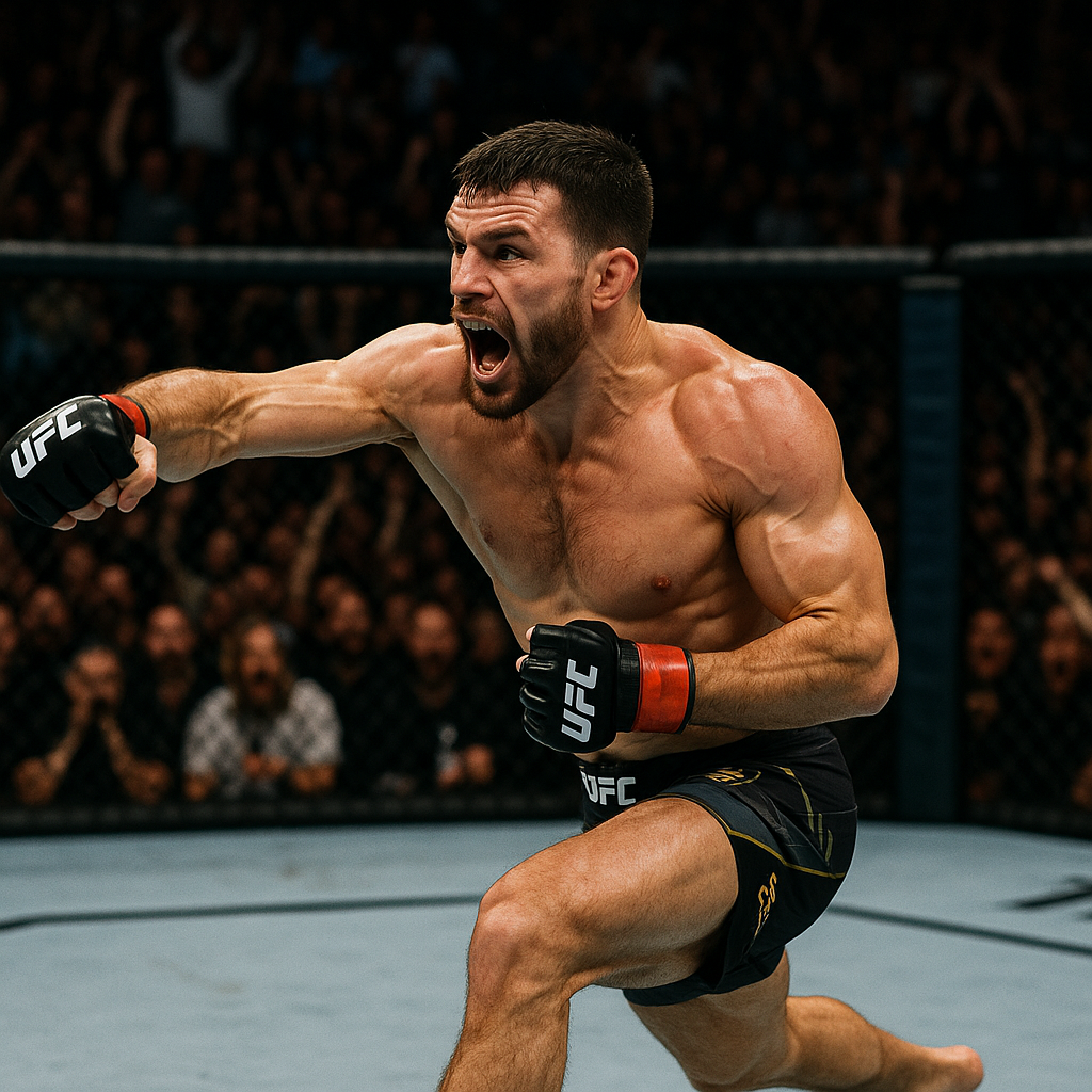 A UFC fighter mid-match in an intense action shot with the crowd cheering