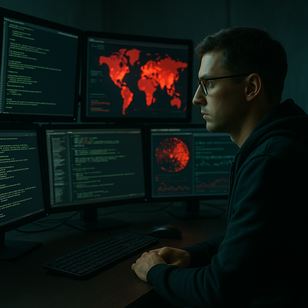 Cybersecurity concept with a hacker entering code on multiple monitors