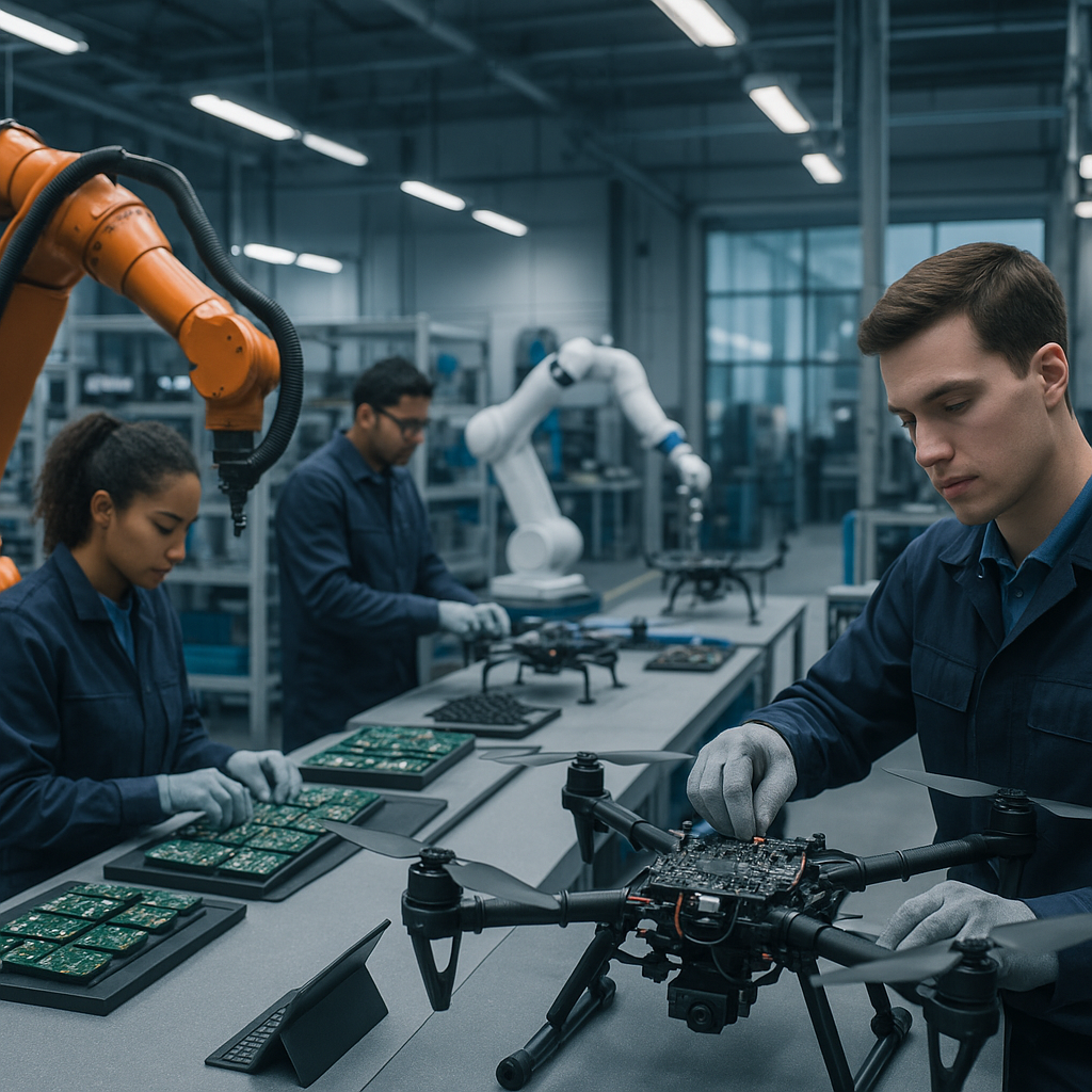 A factory floor with workers assembling drones or electronic components