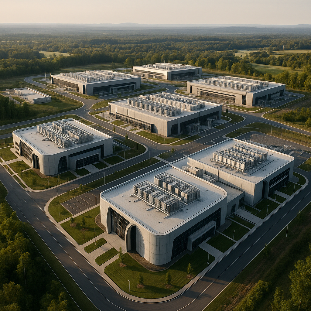 An aerial view of a sprawling data center campus