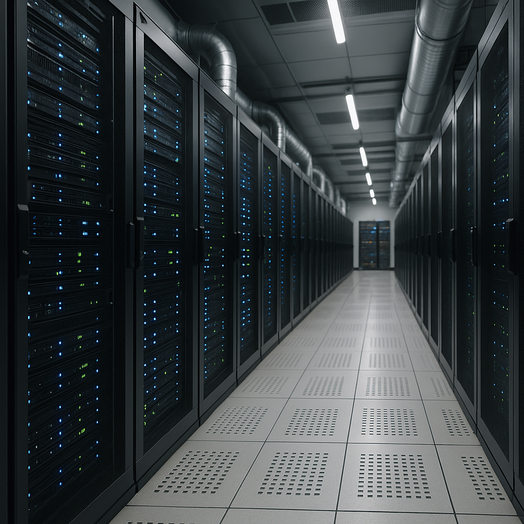 A silver-gray server room lit by LED lights, full of humming machines