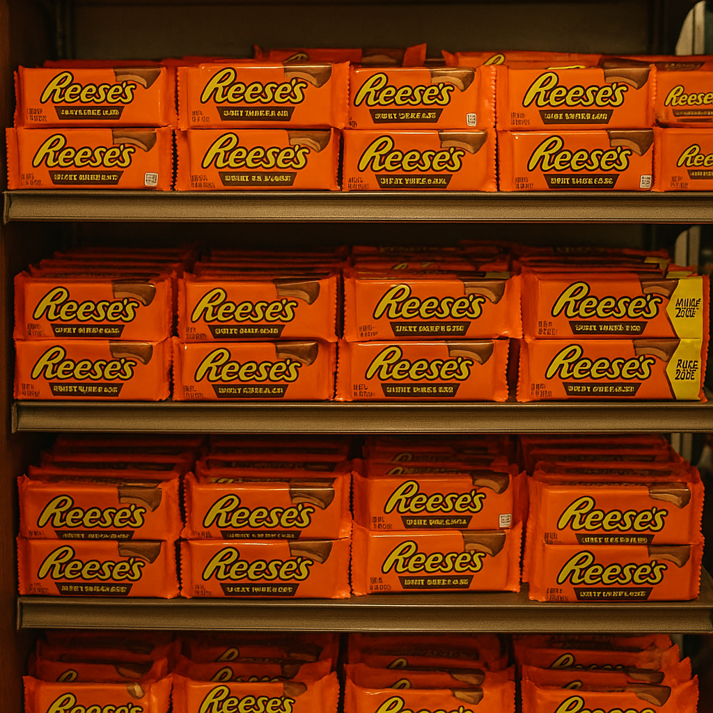 Rows of Reese’s Peanut Butter Cups displayed in a candy store