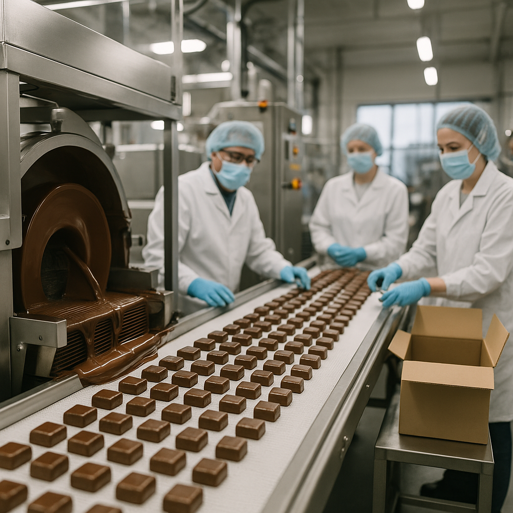 A candy production line showing chocolates being manufactured