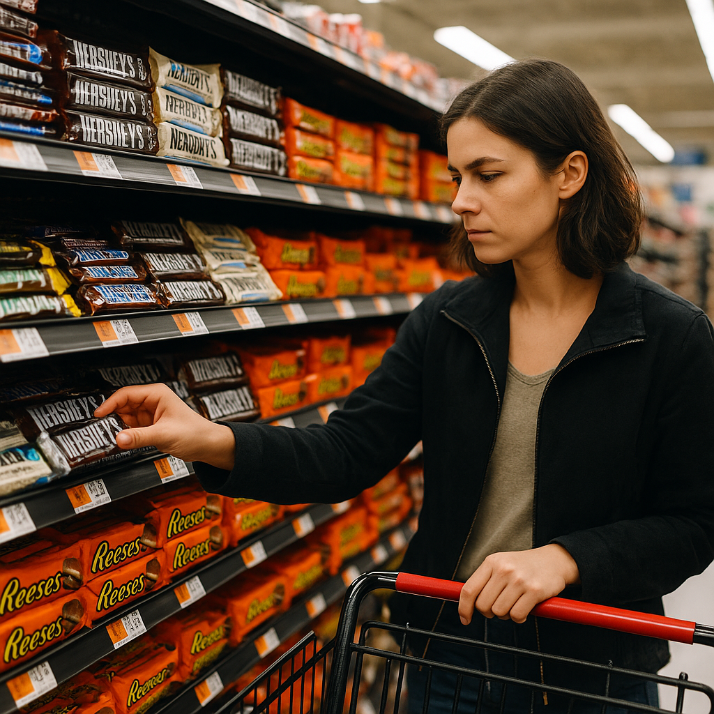 A consumer selecting various candy bars from supermarket shelves
