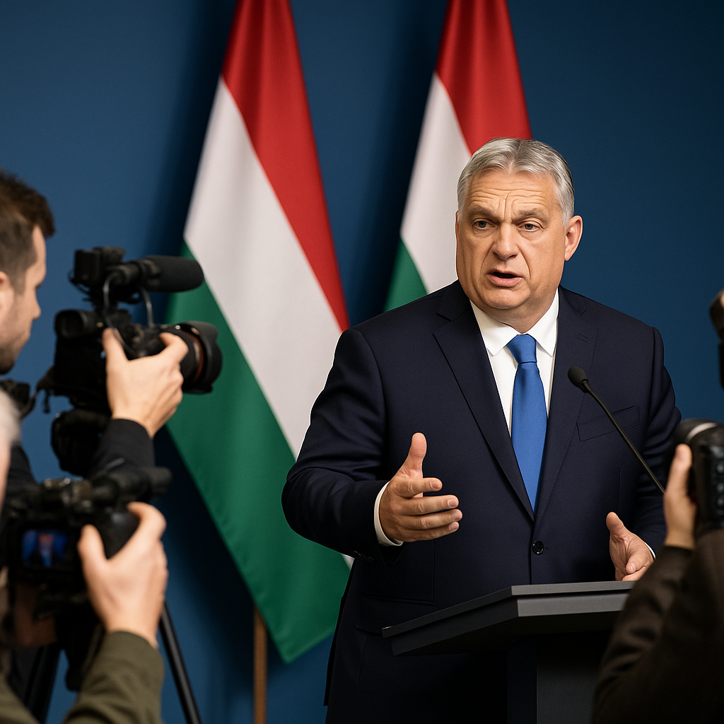 Péter Magyar giving a speech at a press conference