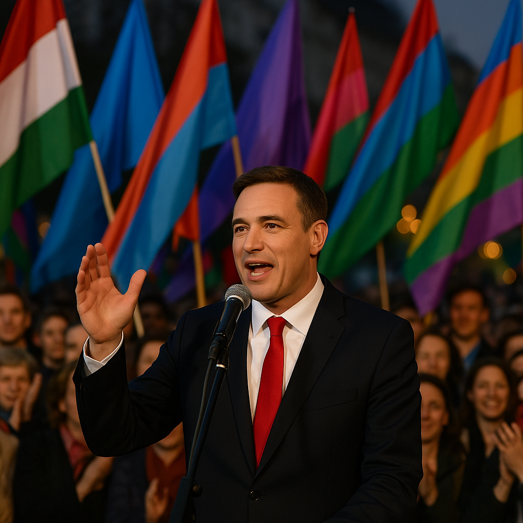 Péter Magyar addressing supporters in a victory speech