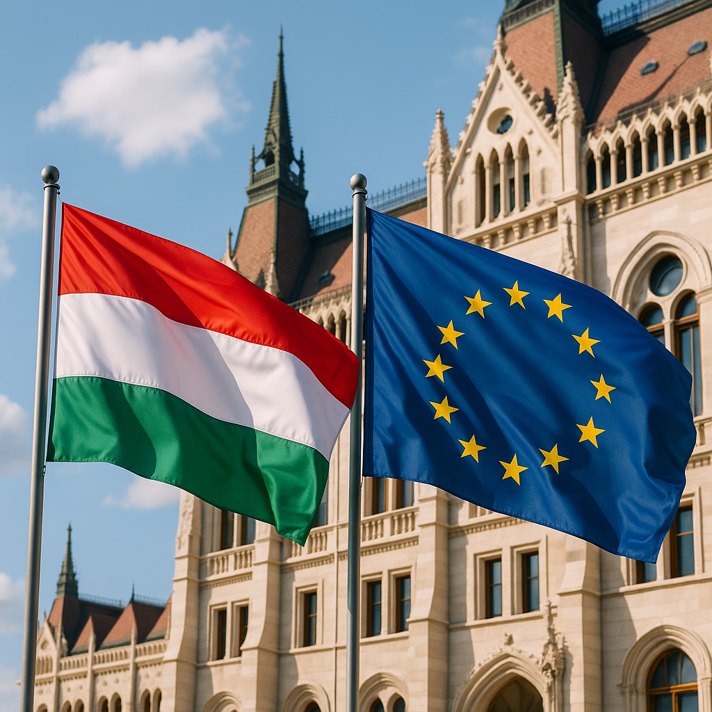 European Union and Hungarian flags waving outside parliament