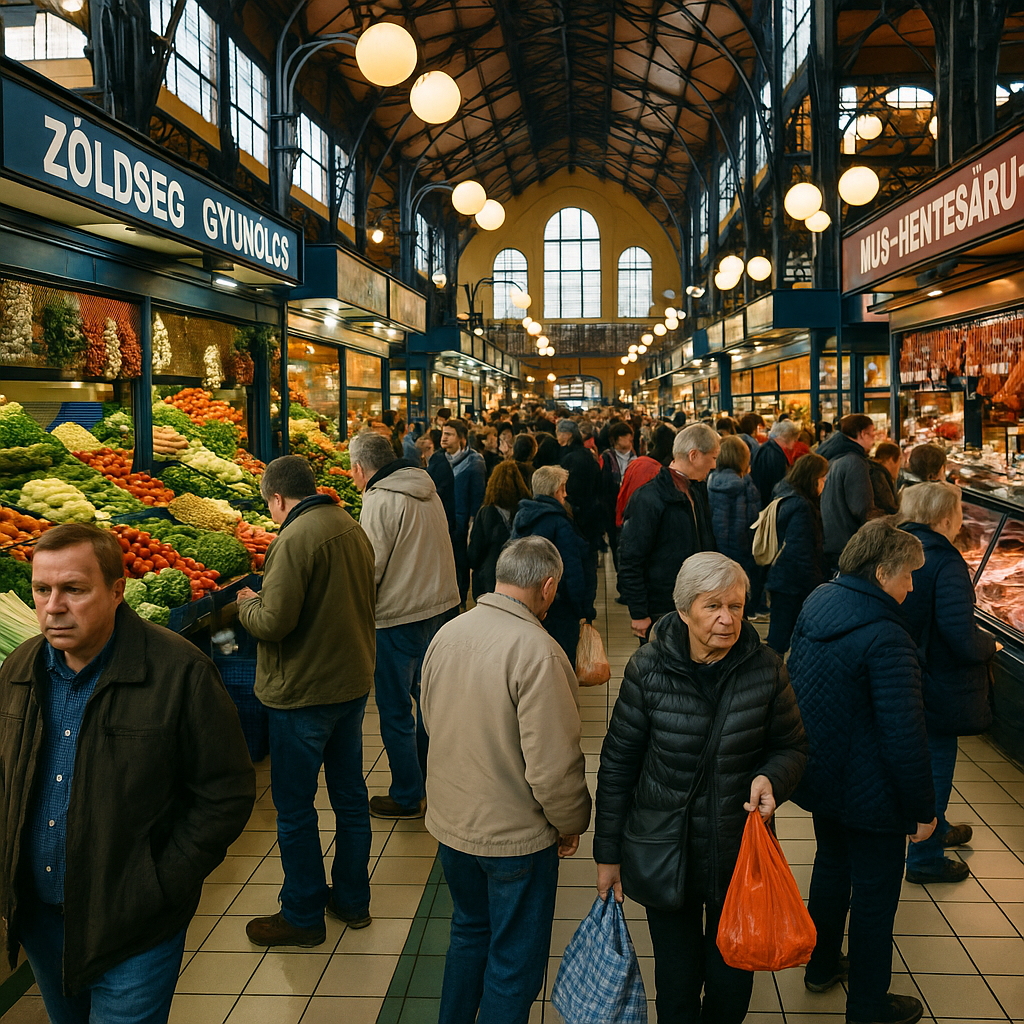 A busy marketplace in Budapest, capturing economic activity
