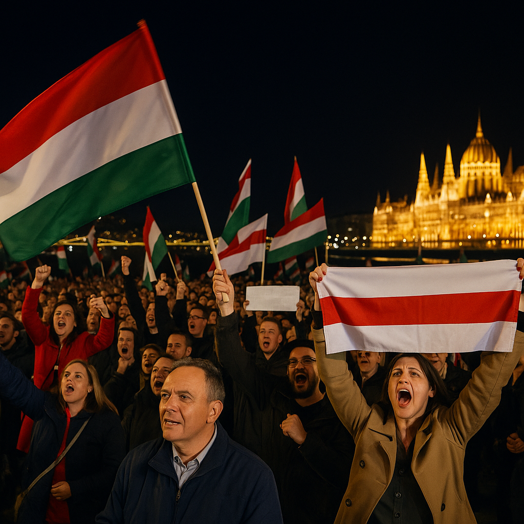 A large crowd of Tisza Party supporters celebrating with flags and banners in Budapest