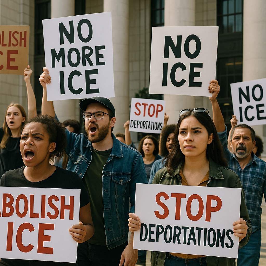 A protest rally against ICE agents outside a government building