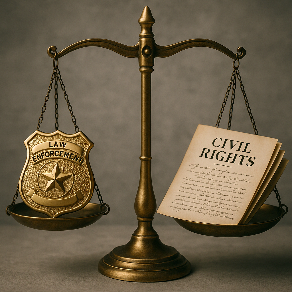 Symbolic scales of justice balancing law enforcement badges on one side and civil rights documents on the other