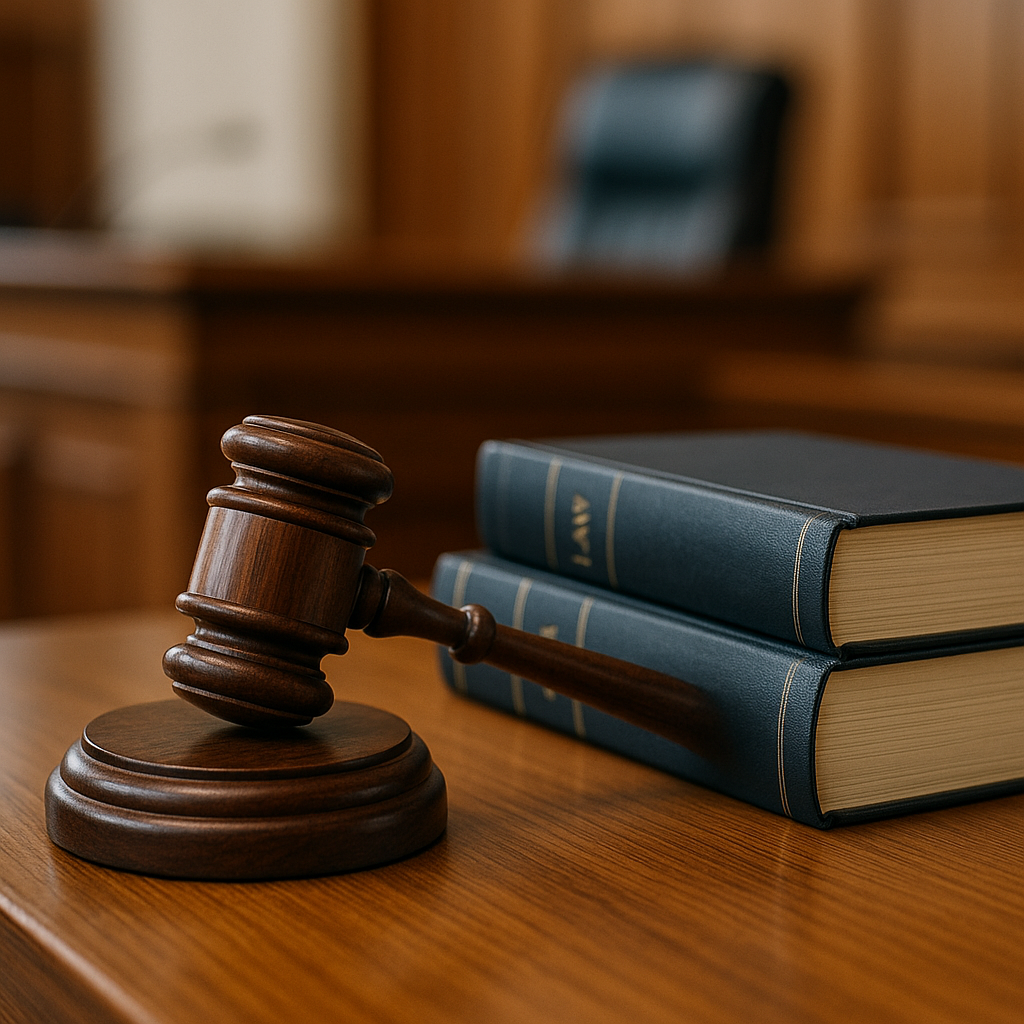 Court gavel and law books in a courtroom setting