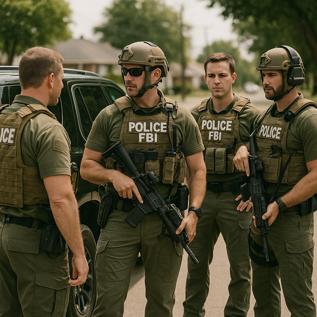 Federal agents standing outside a black SUV, symbolic of law enforcement operations
