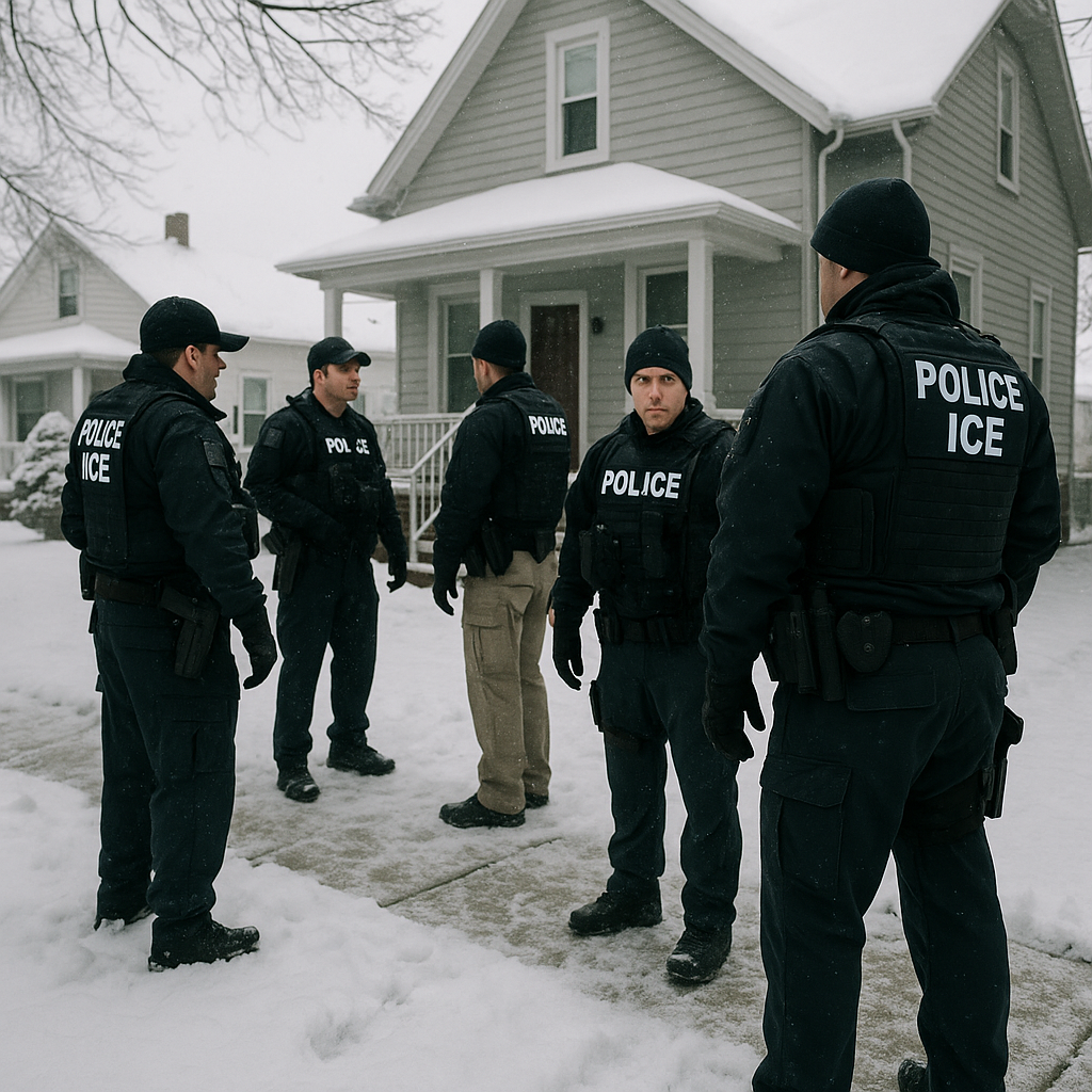 A group of ICE agents standing outside a house in a snowy suburban neighborhood