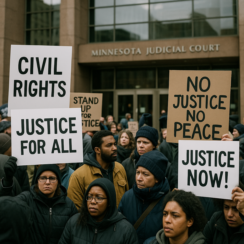 A Minnesota courthouse with community members gathered outside holding signs advocating for civil rights