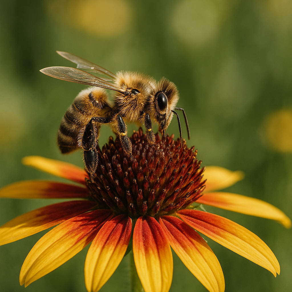 A honeybee perched on a vibrant flower in a natural setting, with a visible focus on the insect's delicate anatomy and surroundings