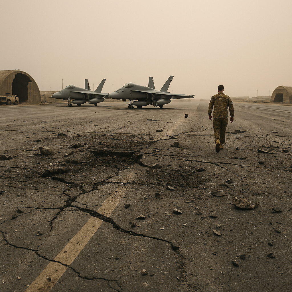 A damaged U.S. military airstrip in the Persian Gulf region showing cracked pavement and scattered debris