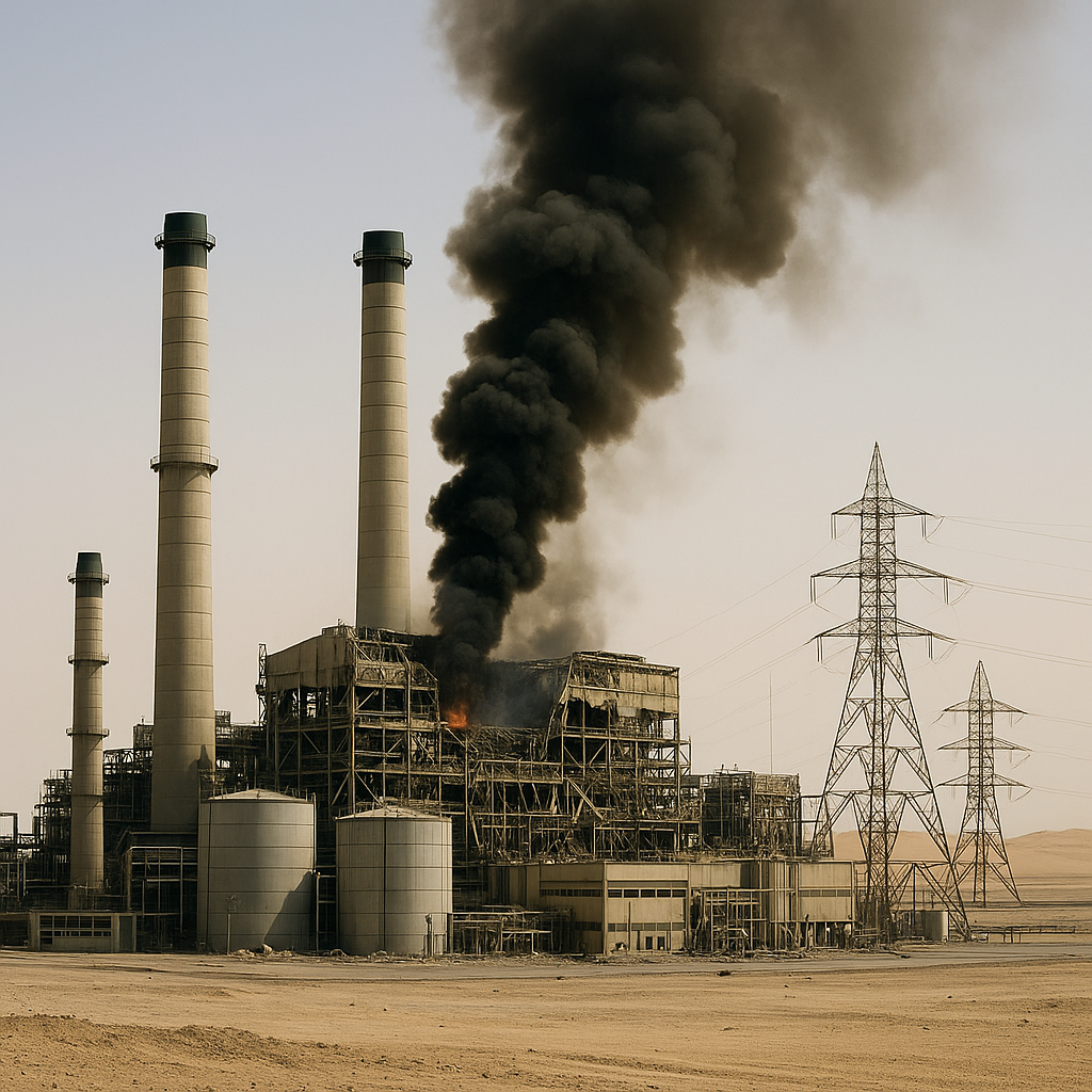 A Kuwaiti power plant emitting smoke, with signs of damage from an attack