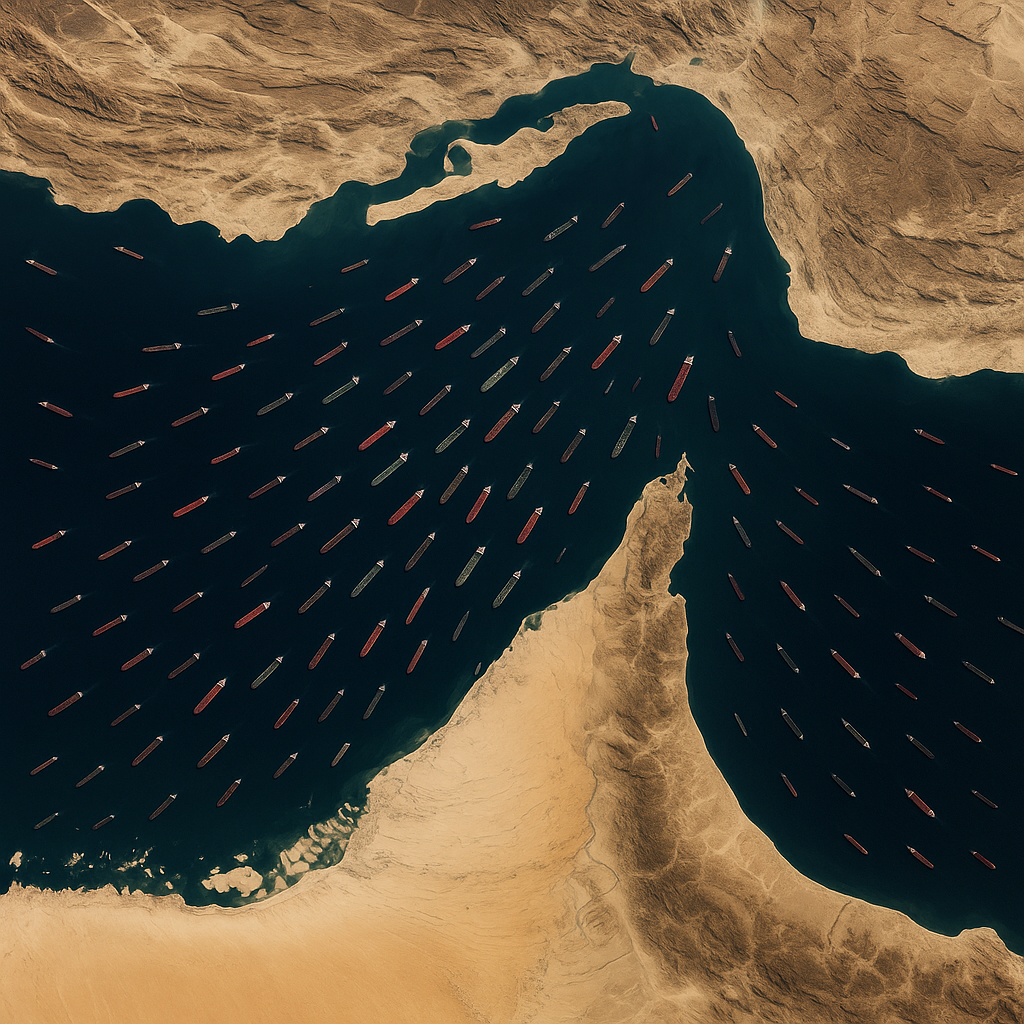 A satellite image of the Strait of Hormuz, showing oil tankers and nearby coastlines