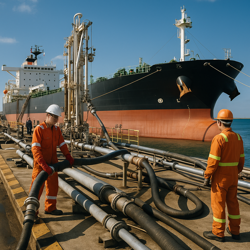 A worker refueling an oil tanker at a busy port in the Middle East
