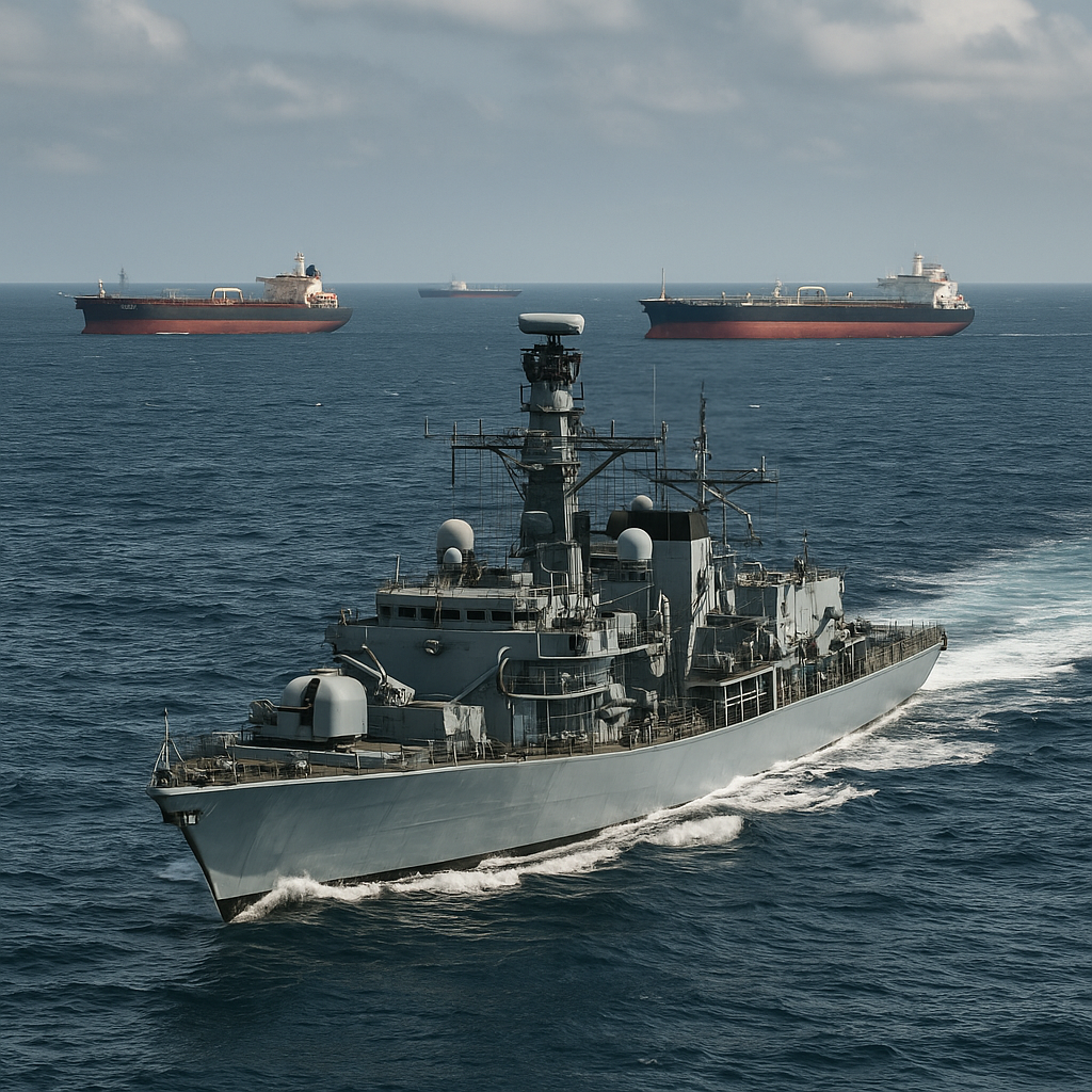 A naval warship patrolling near oil tankers on open waters