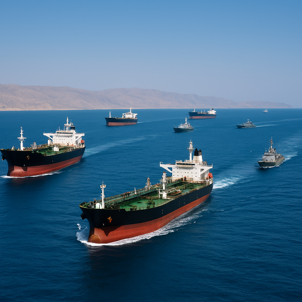 Aerial view of the Strait of Hormuz with tankers and naval vessels