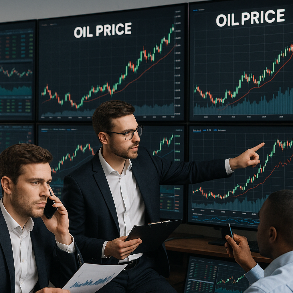 Stock traders monitoring oil price graphs on large screens in a busy trading room