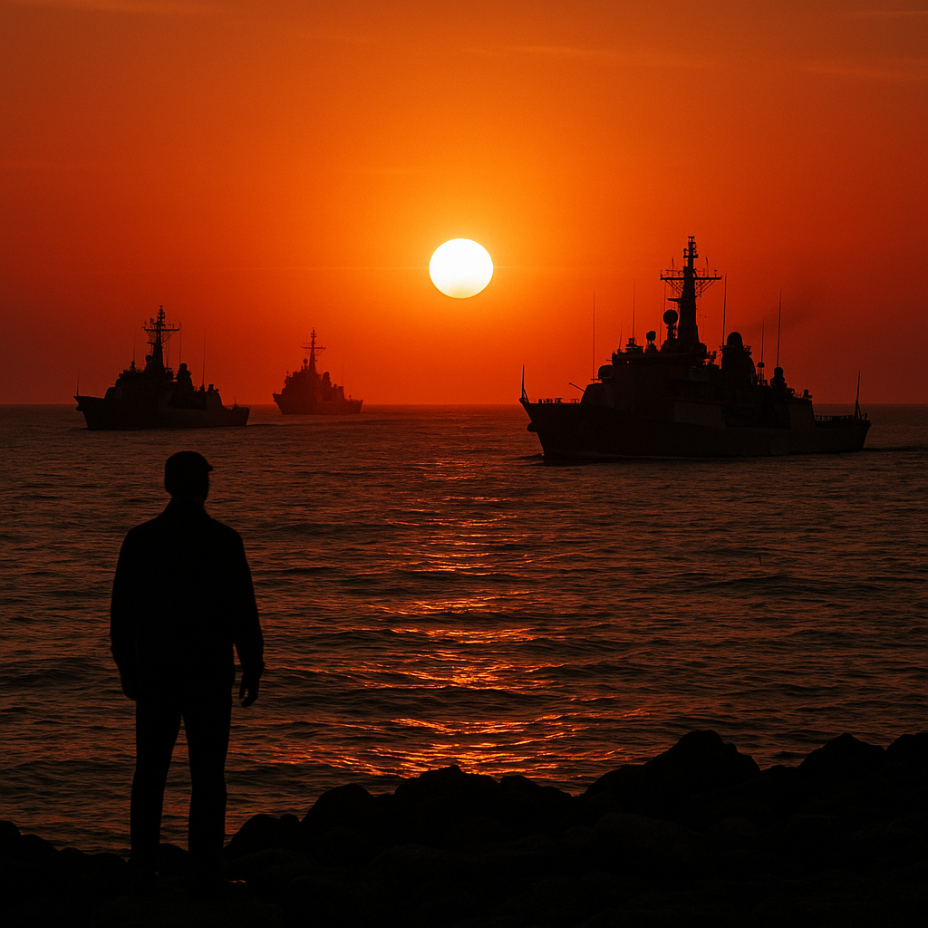 Military vessels patrolling the Persian Gulf at sunset