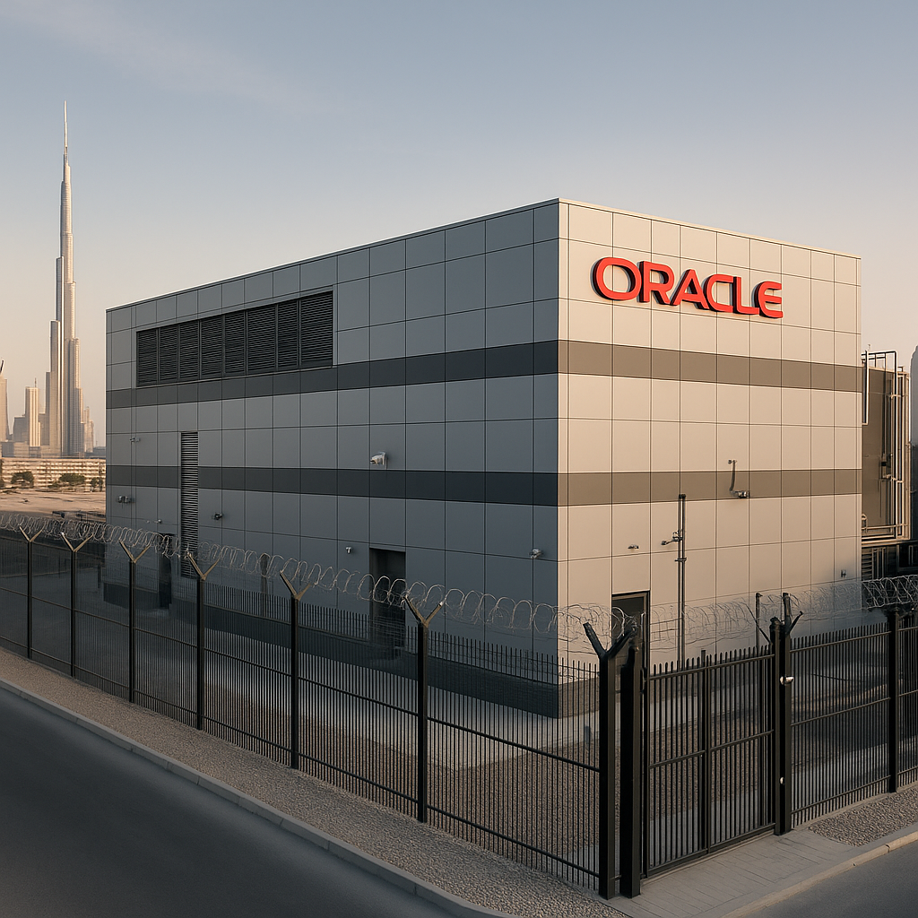 A modern data center building in Dubai, UAE, featuring Oracle branding and sophisticated security infrastructure, with a desert city skyline in the background