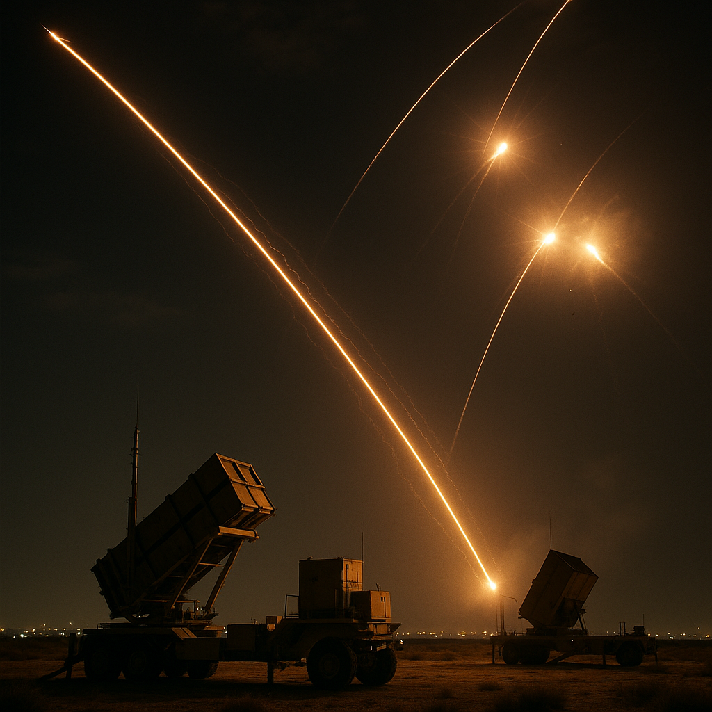 A scene depicting UAE air defense systems intercepting drones at night, illuminated by streaks of light from missile countermeasures