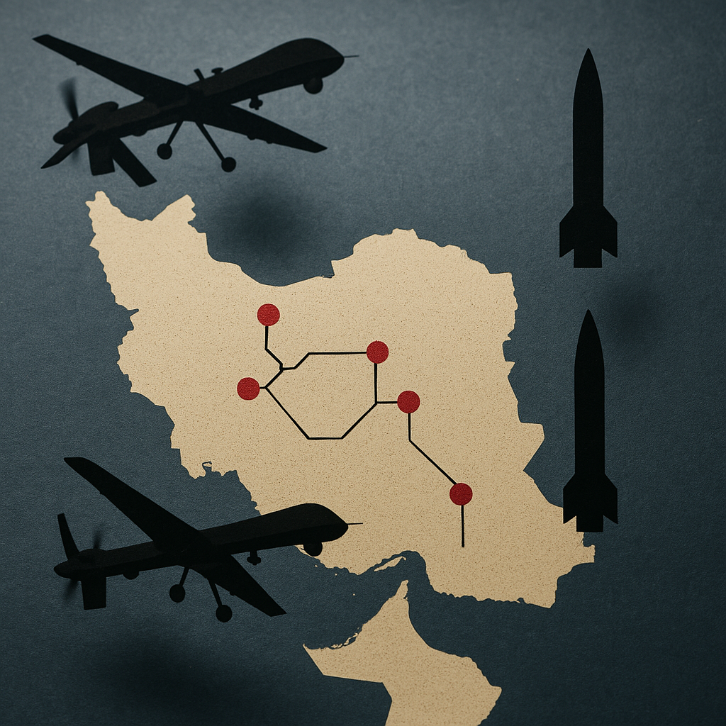 A symbolic graphic showing a map of the Middle East with key tech facility locations marked, overlaid with icons for drones and missiles