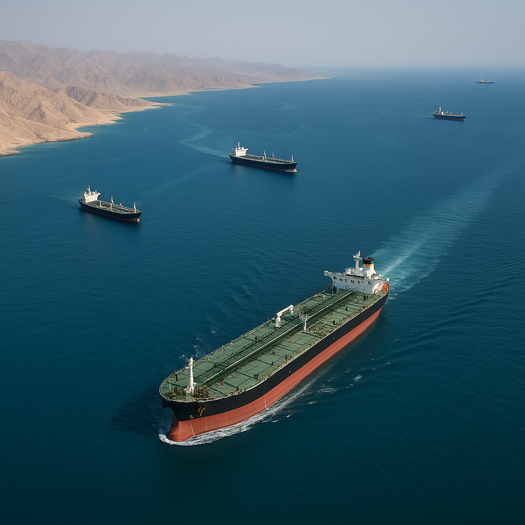 Aerial view of the Strait of Hormuz with oil tankers sailing through