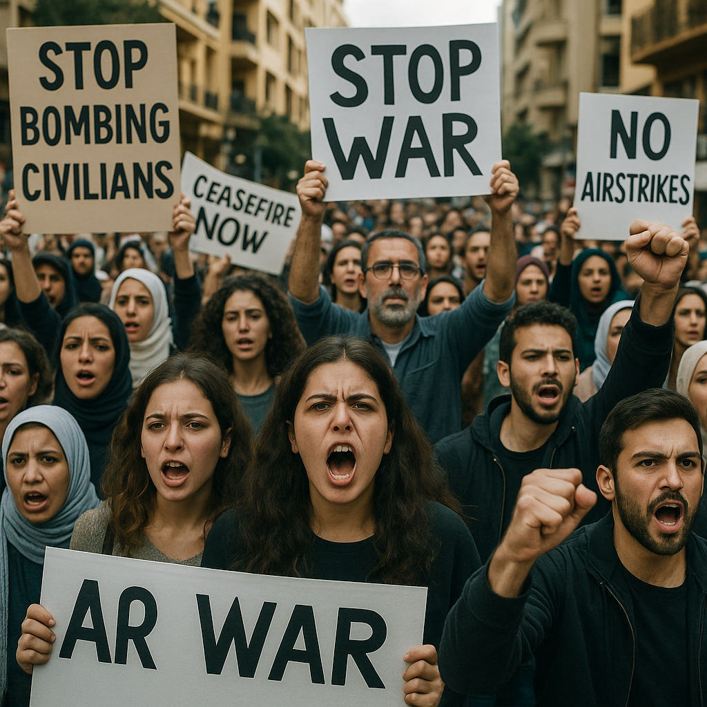 Protesters in Beirut holding signs against airstrikes and war