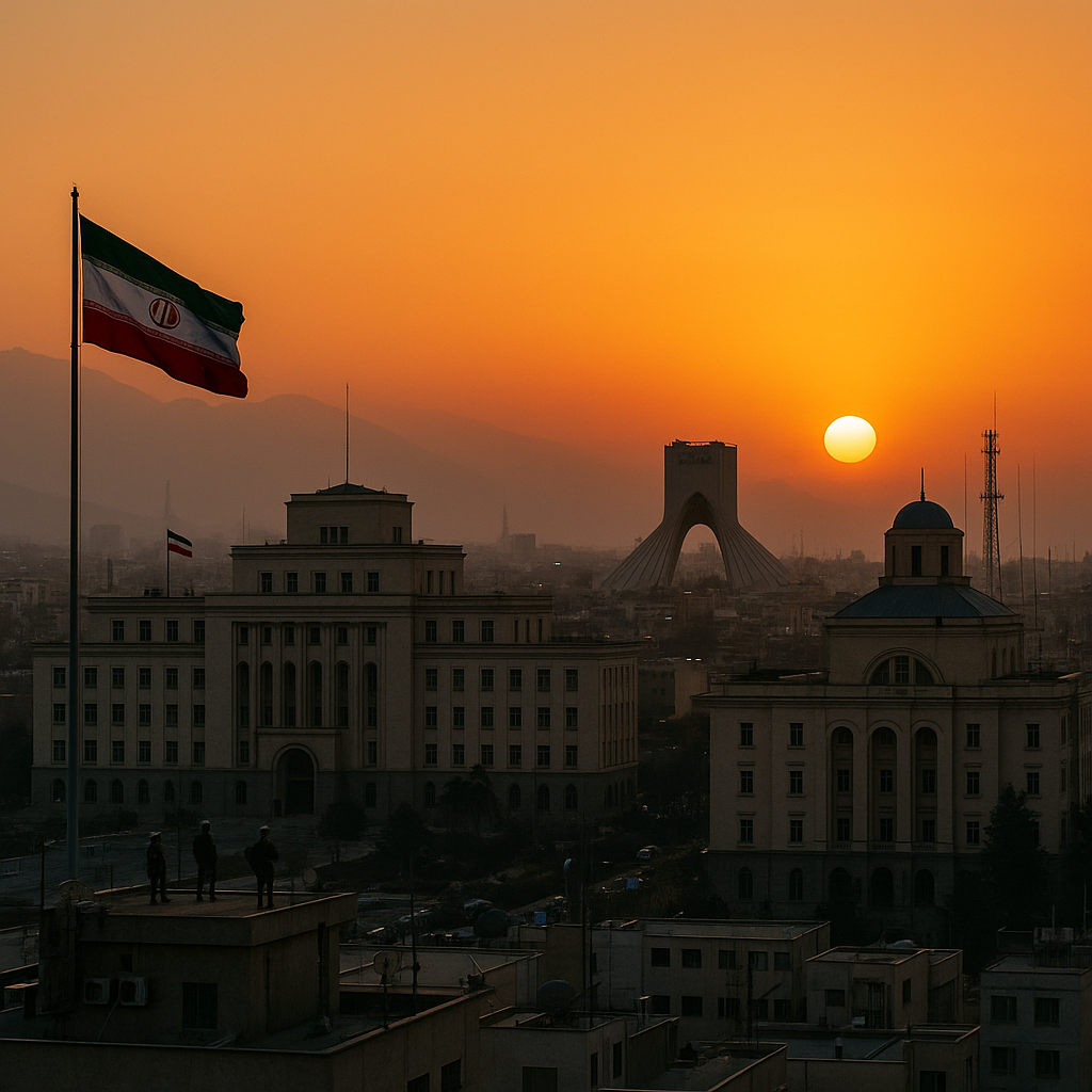 A view of Tehran skyline with government buildings, highlighting the geopolitical backdrop