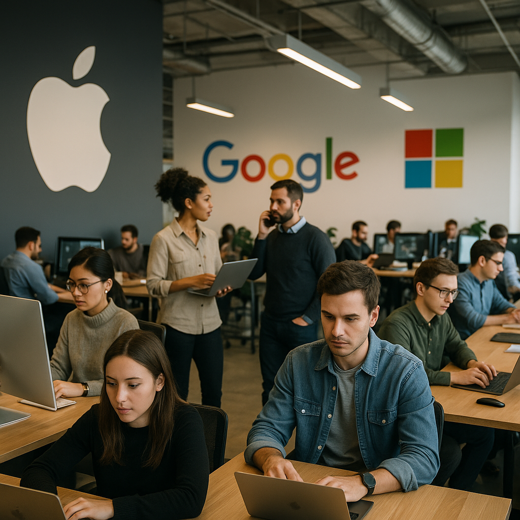 A bustling tech hub office space with the logos of major companies like Apple and Google in the background