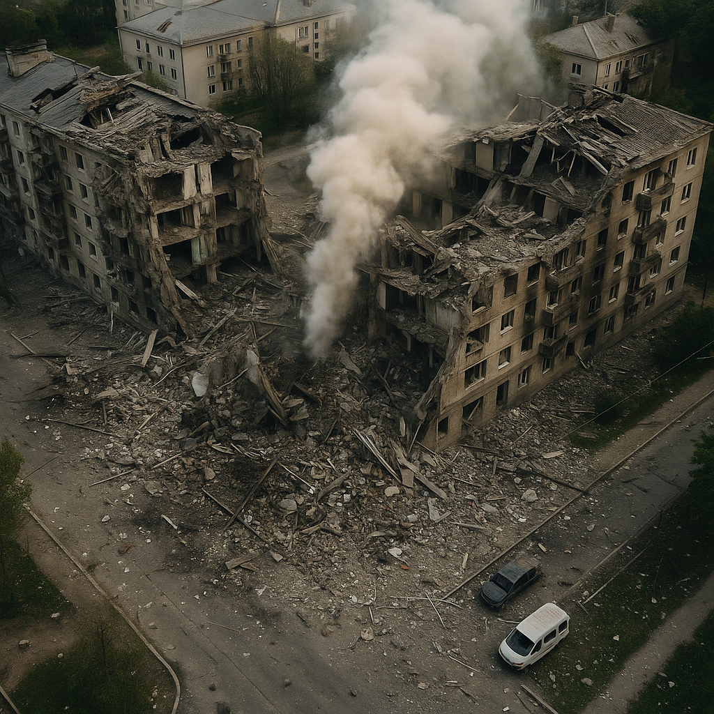 An aerial view of damaged buildings with smoke rising from the site
